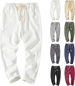 Work Pants for Men Lightweight Elastic Waist Cotton Linen Pants Cropped Baggy Casual Comfy Lounge Pants with Pockets