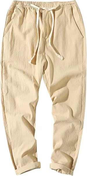 Work Pants for Men Lightweight Elastic Waist Cotton Linen Pants Cropped Baggy Casual Comfy Lounge Pants with Pockets