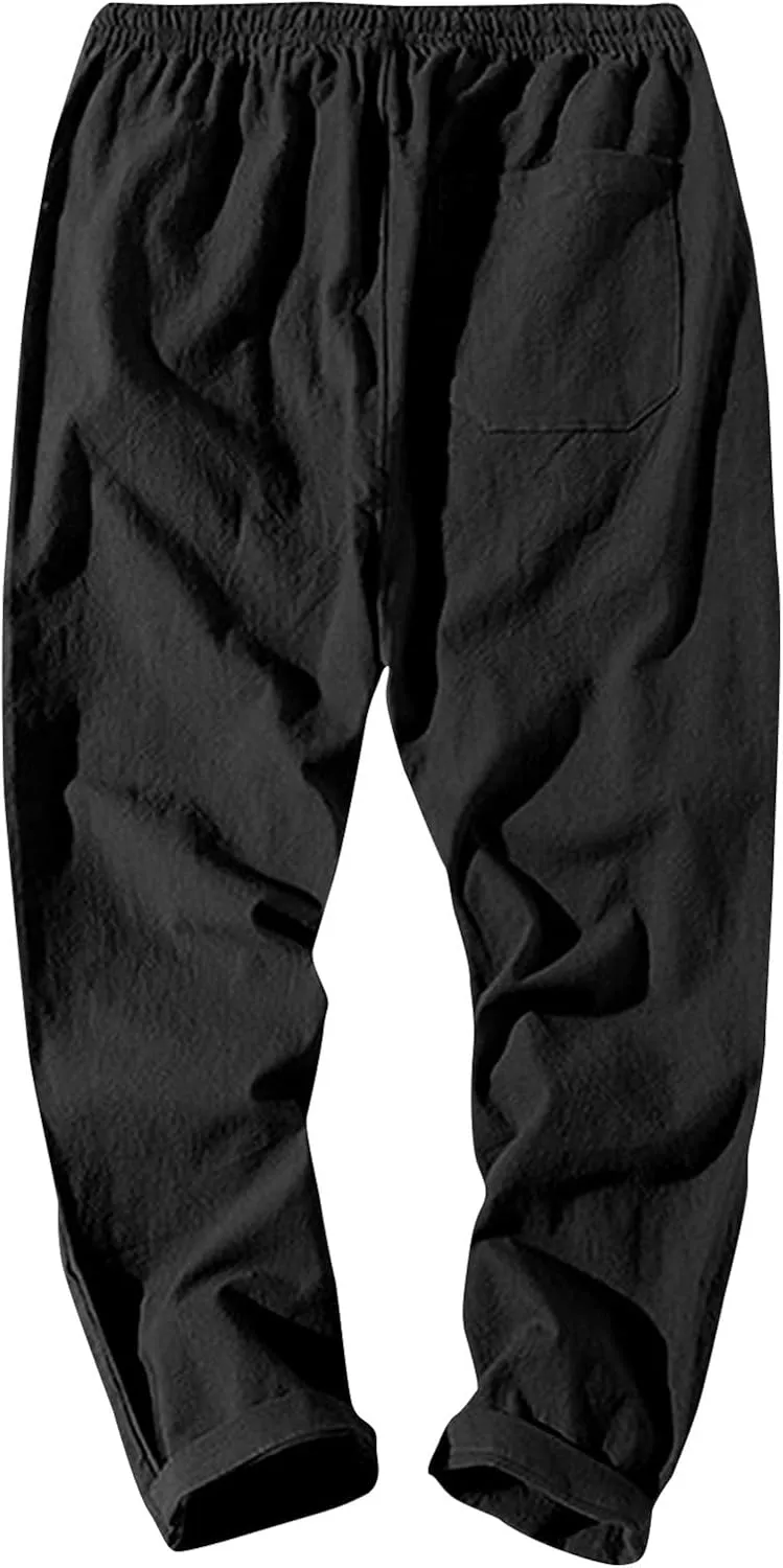 Work Pants for Men Lightweight Elastic Waist Cotton Linen Pants Cropped Baggy Casual Comfy Lounge Pants with Pockets