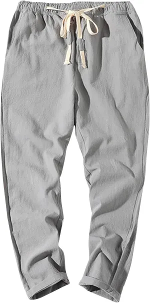 Work Pants for Men Lightweight Elastic Waist Cotton Linen Pants Cropped Baggy Casual Comfy Lounge Pants with Pockets