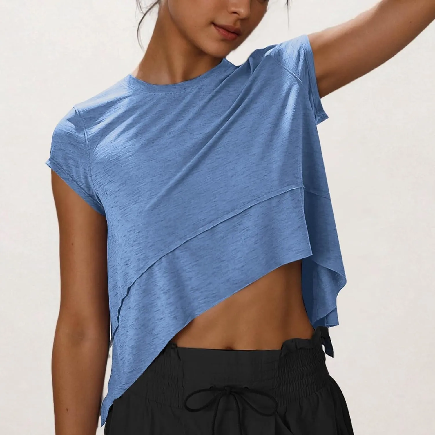 Workout Cropped Tops for Women Flowy Athletic Tops Oversized Loose Fit Running Yoga Quick Dry Soft Crewneck Tees