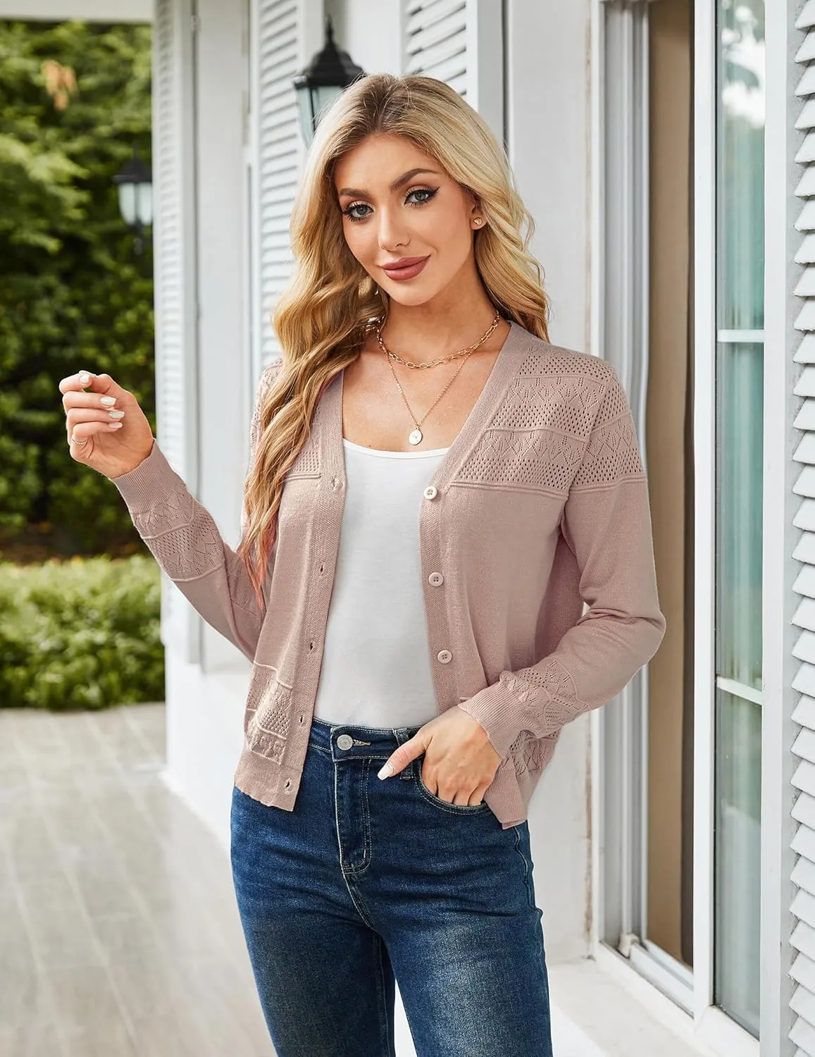 Yekaty Womens 2025 Lightweight Cropped Cardigan Sweaters Button Long Sleeve Shrugs for Dress Open Front Spring Jackets