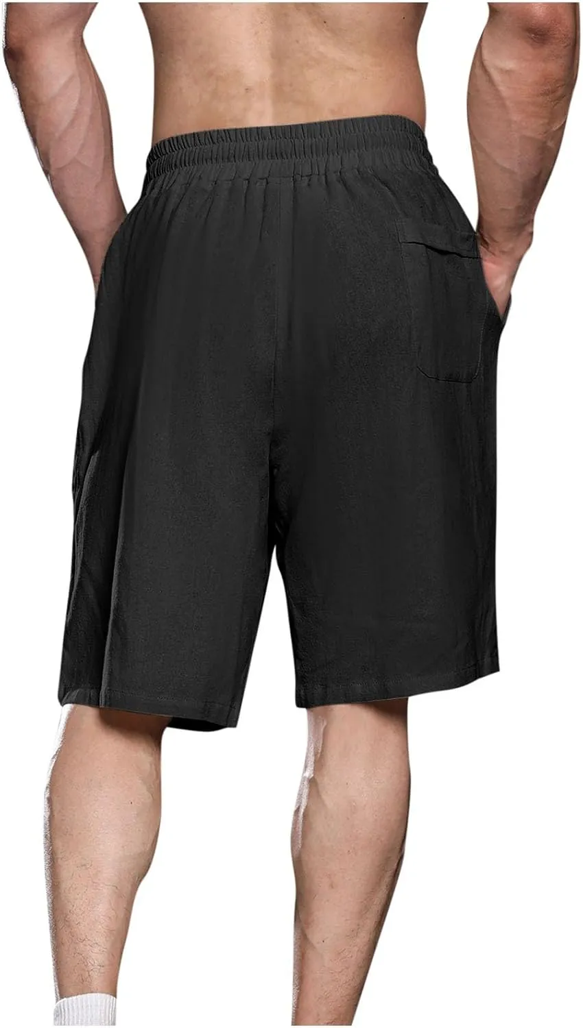 Zeiyignr Men's Cotton Linen Shorts Casual Elastic Waist Drawstring Summer Beach Shorts Solid Bermuda Shorts Athletic Shorts
