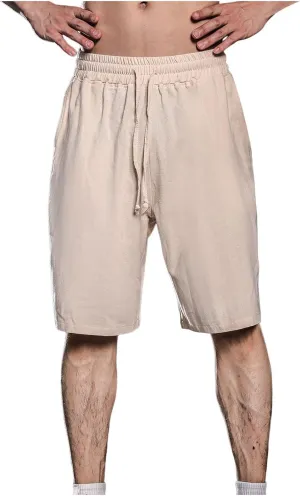 Zeiyignr Men's Cotton Linen Shorts Casual Elastic Waist Drawstring Summer Beach Shorts Solid Bermuda Shorts Athletic Shorts