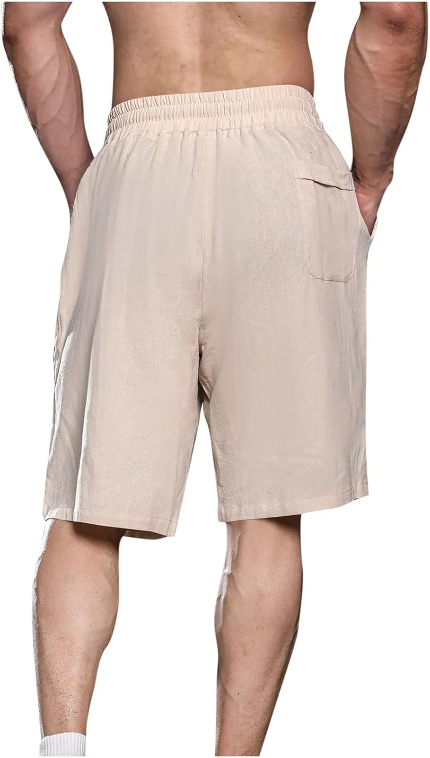 Zeiyignr Men's Cotton Linen Shorts Casual Elastic Waist Drawstring Summer Beach Shorts Solid Bermuda Shorts Athletic Shorts