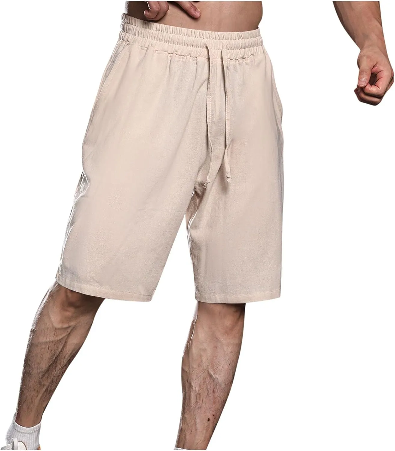 Zeiyignr Men's Cotton Linen Shorts Casual Elastic Waist Drawstring Summer Beach Shorts Solid Bermuda Shorts Athletic Shorts