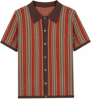 Zeiyignr Men's Polo Shirts Retro Knit Shirt 70s Vintage Striped Shirt Short Sleeve Button Down Shirt Casual Cardigan Sweater