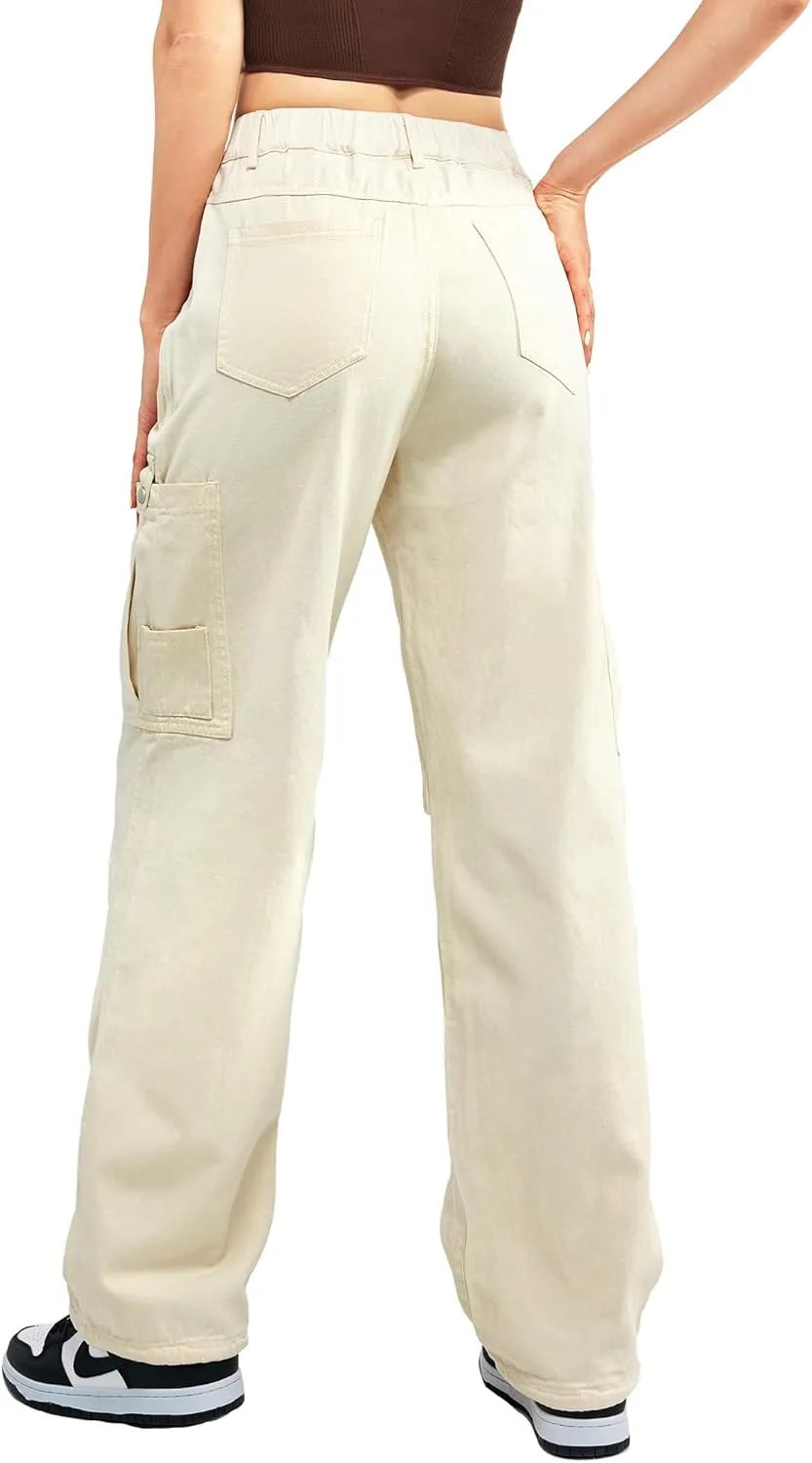 Znyeth Cargo Pants Women Cotton Wide Leg Casual Hiking Military Army Combat Work Pants with 8 Pockets