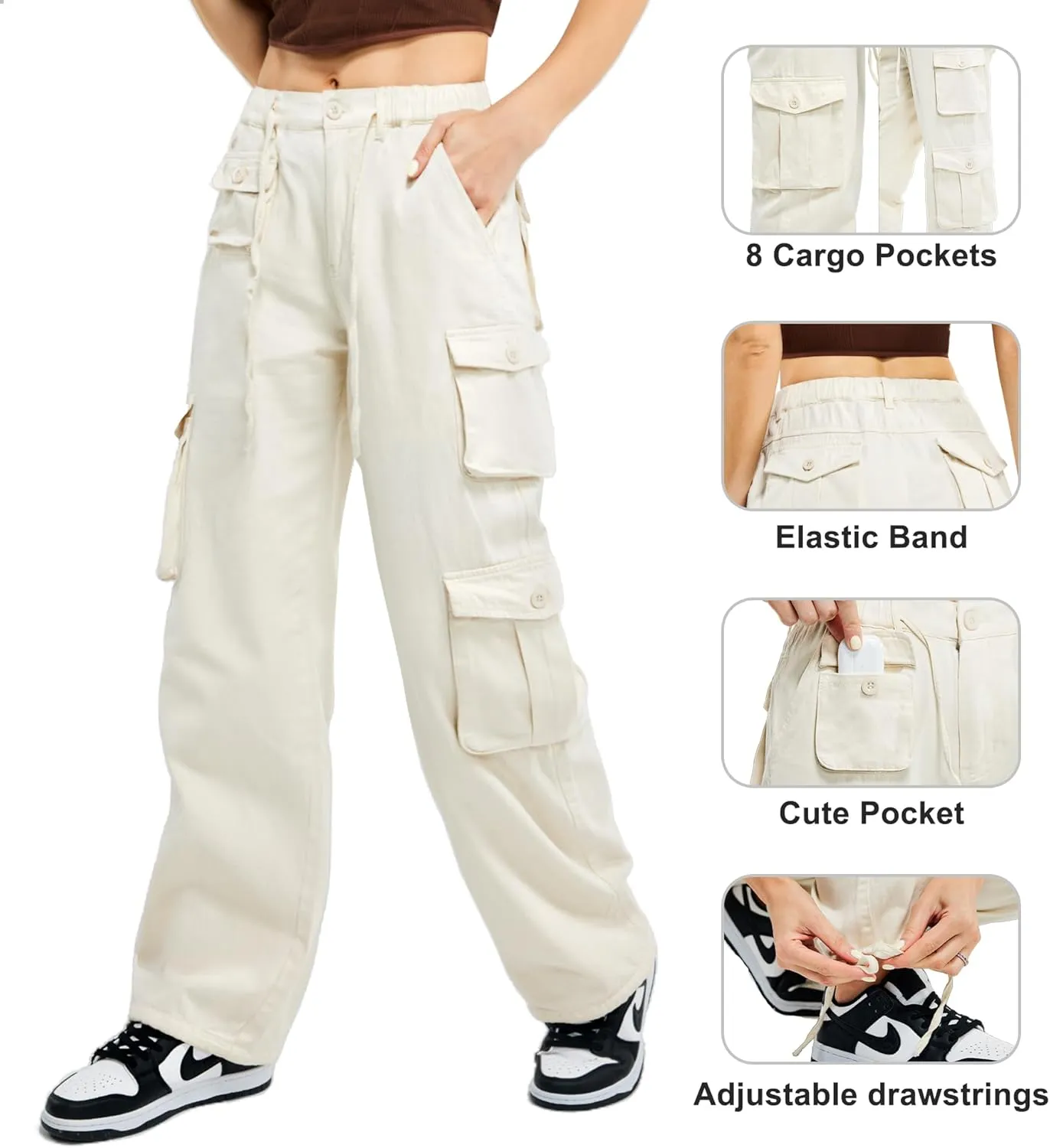 Znyeth Cargo Pants Women Cotton Wide Leg Casual Hiking Military Army Combat Work Pants with 8 Pockets