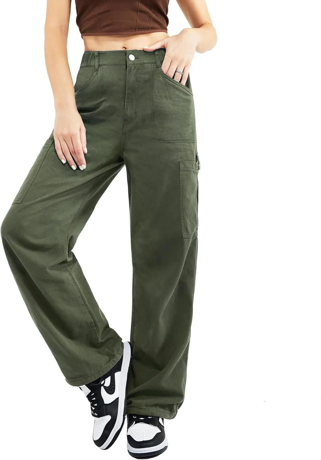 Znyeth Cargo Pants Women Cotton Wide Leg Casual Hiking Military Army Combat Work Pants with 8 Pockets