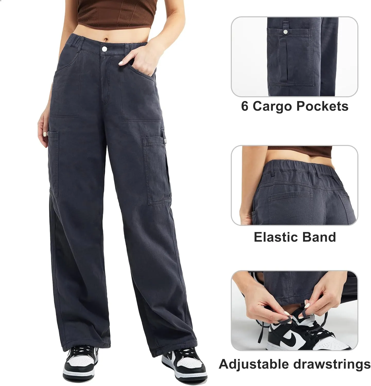 Znyeth Cargo Pants Women Cotton Wide Leg Casual Hiking Military Army Combat Work Pants with 8 Pockets