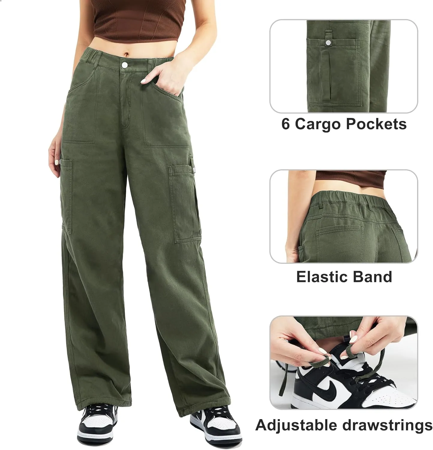 Znyeth Cargo Pants Women Cotton Wide Leg Casual Hiking Military Army Combat Work Pants with 8 Pockets
