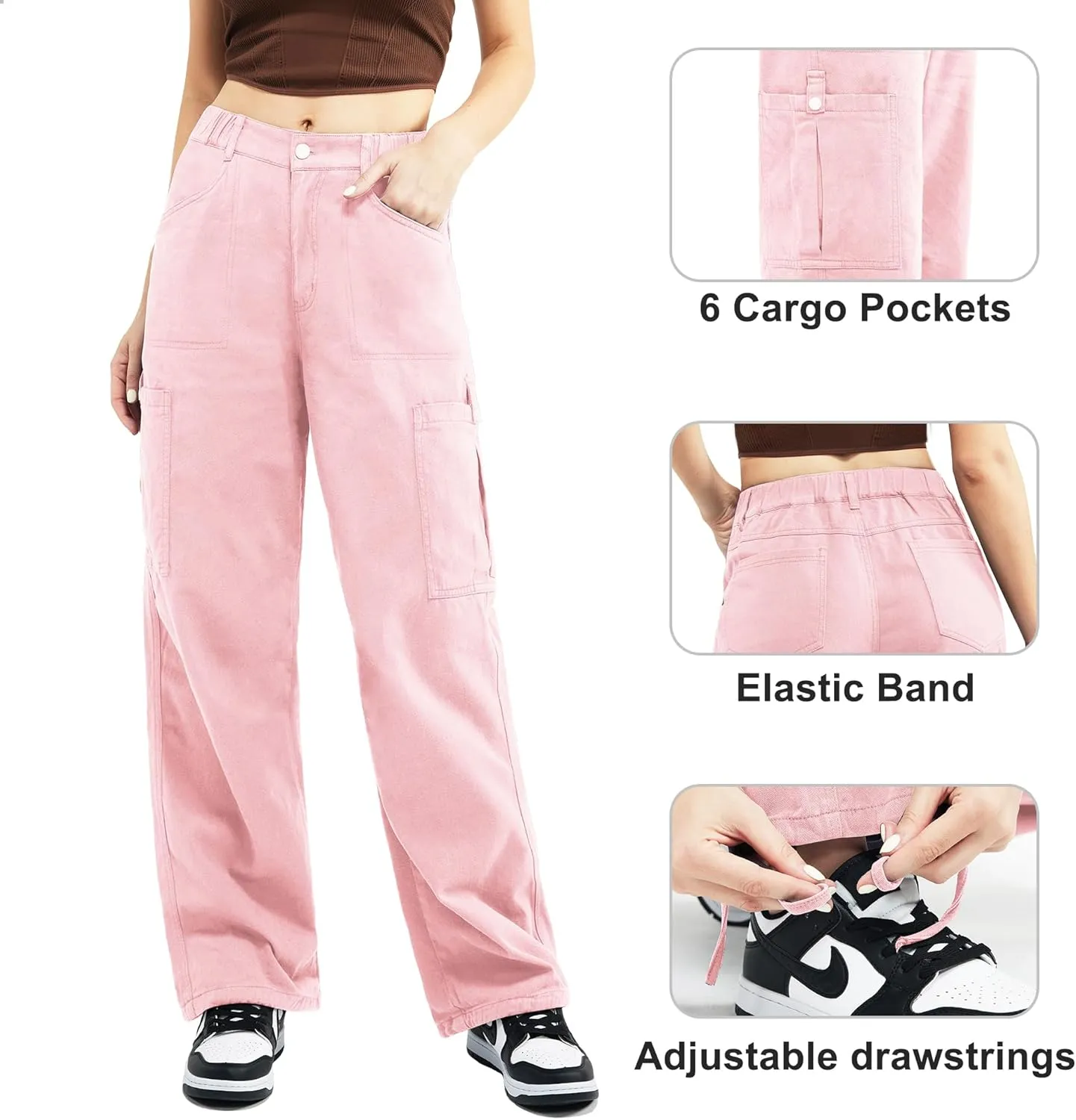 Znyeth Cargo Pants Women Cotton Wide Leg Casual Hiking Military Army Combat Work Pants with 8 Pockets