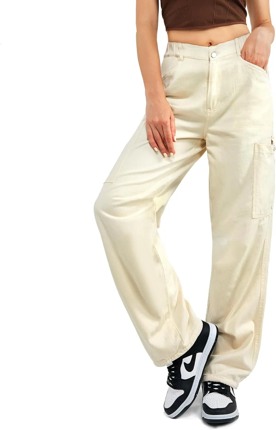 Znyeth Cargo Pants Women Cotton Wide Leg Casual Hiking Military Army Combat Work Pants with 8 Pockets