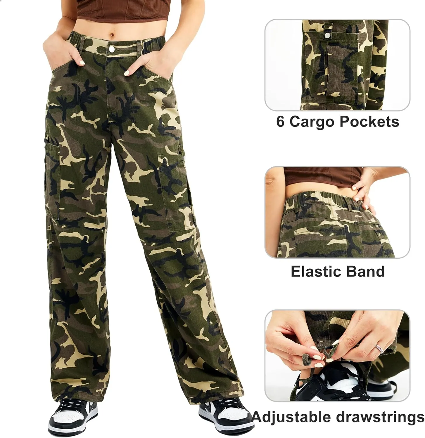 Znyeth Cargo Pants Women Cotton Wide Leg Casual Hiking Military Army Combat Work Pants with 8 Pockets
