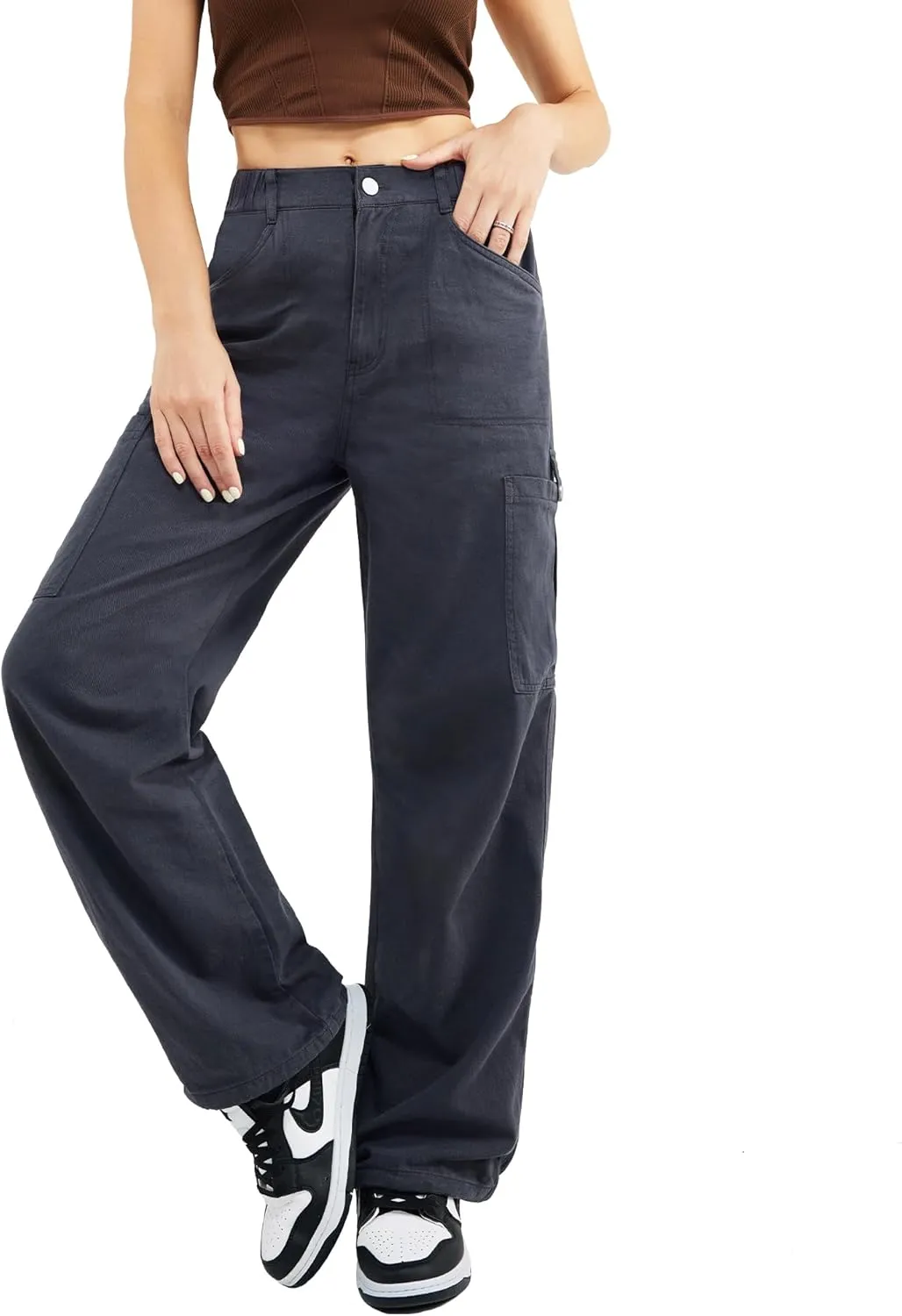 Znyeth Cargo Pants Women Cotton Wide Leg Casual Hiking Military Army Combat Work Pants with 8 Pockets