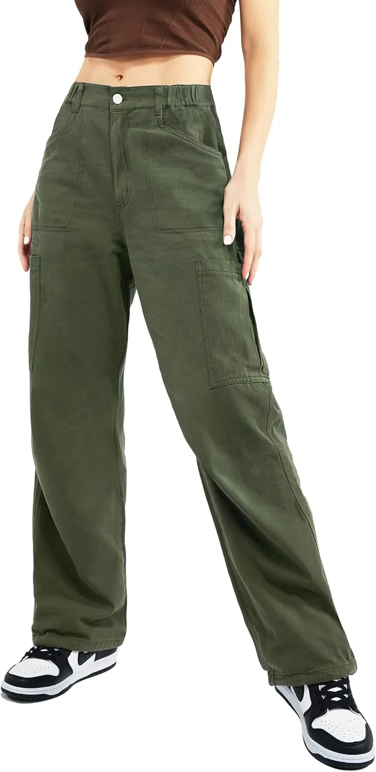 Znyeth Cargo Pants Women Cotton Wide Leg Casual Hiking Military Army Combat Work Pants with 8 Pockets