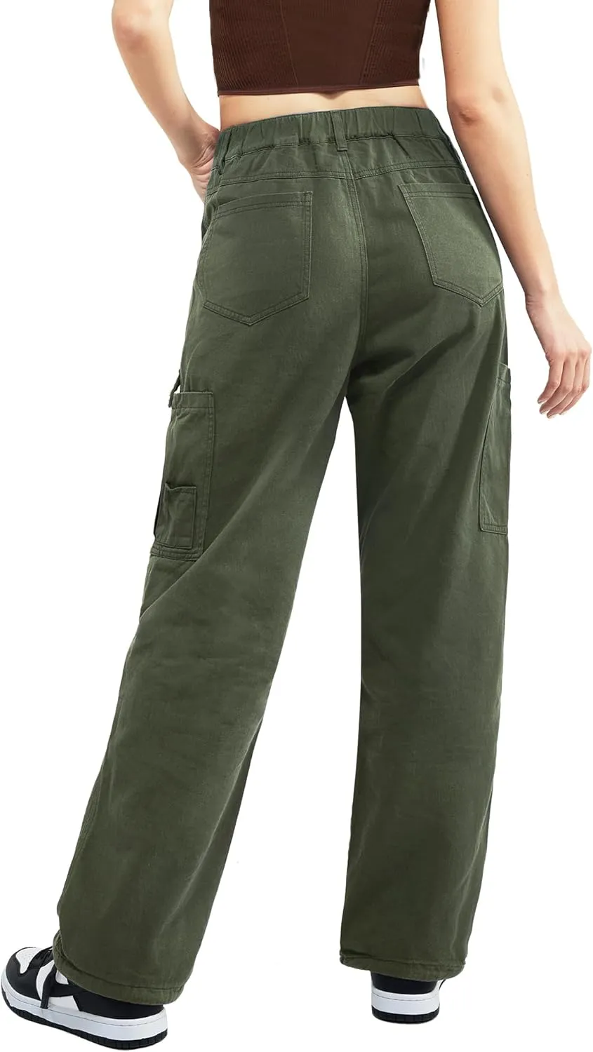 Znyeth Cargo Pants Women Cotton Wide Leg Casual Hiking Military Army Combat Work Pants with 8 Pockets