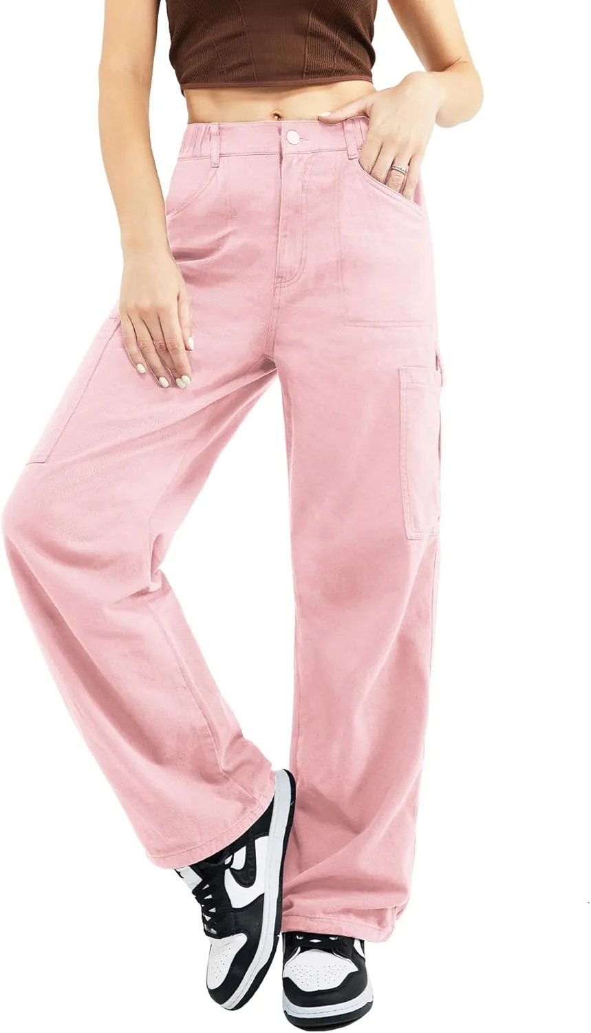 Znyeth Cargo Pants Women Cotton Wide Leg Casual Hiking Military Army Combat Work Pants with 8 Pockets