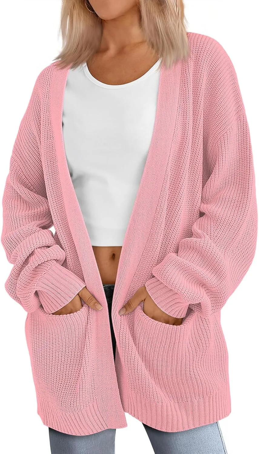 ZWRXW Knitted Cardigans for Women Oversized Long Sleeve Ribbed Cardigan Sweater Open Front Chunky Jumper Outwear with Pockets