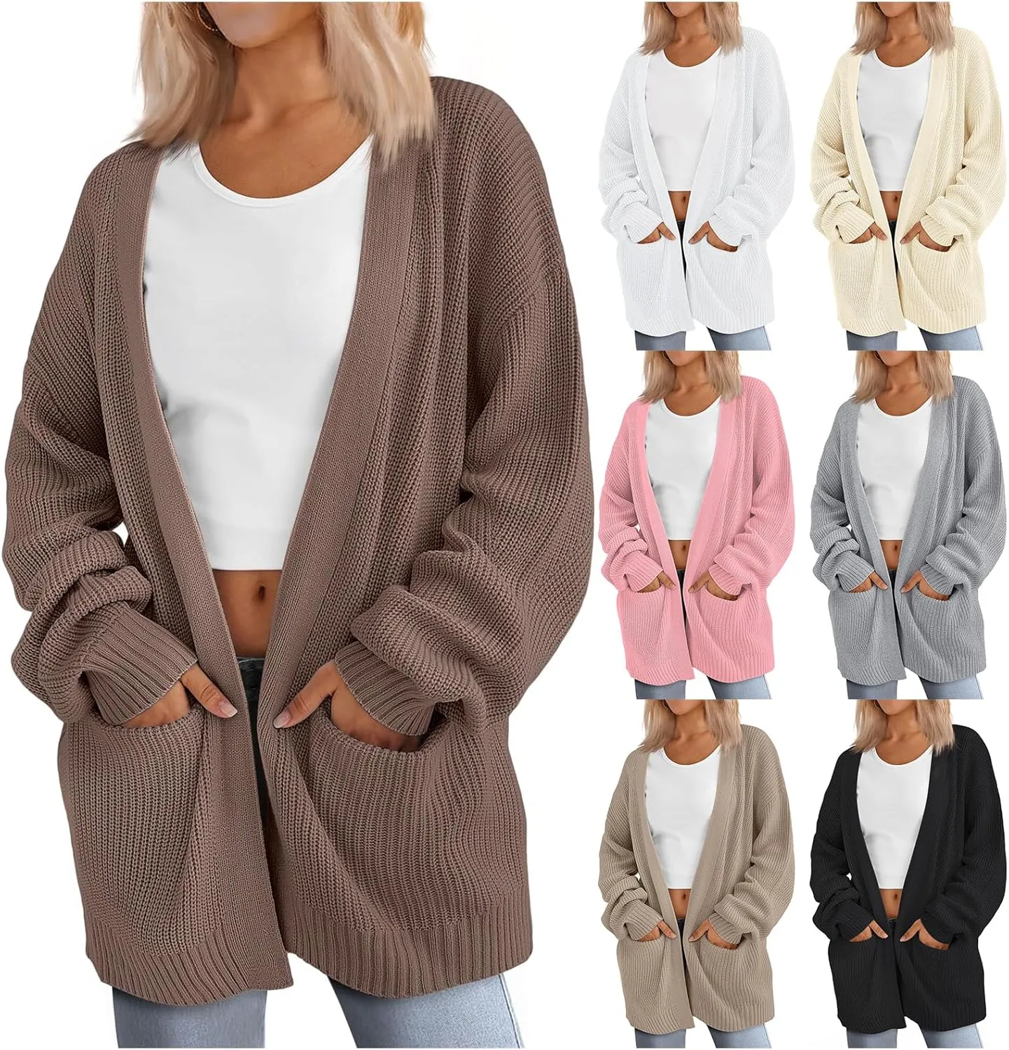 ZWRXW Knitted Cardigans for Women Oversized Long Sleeve Ribbed Cardigan Sweater Open Front Chunky Jumper Outwear with Pockets