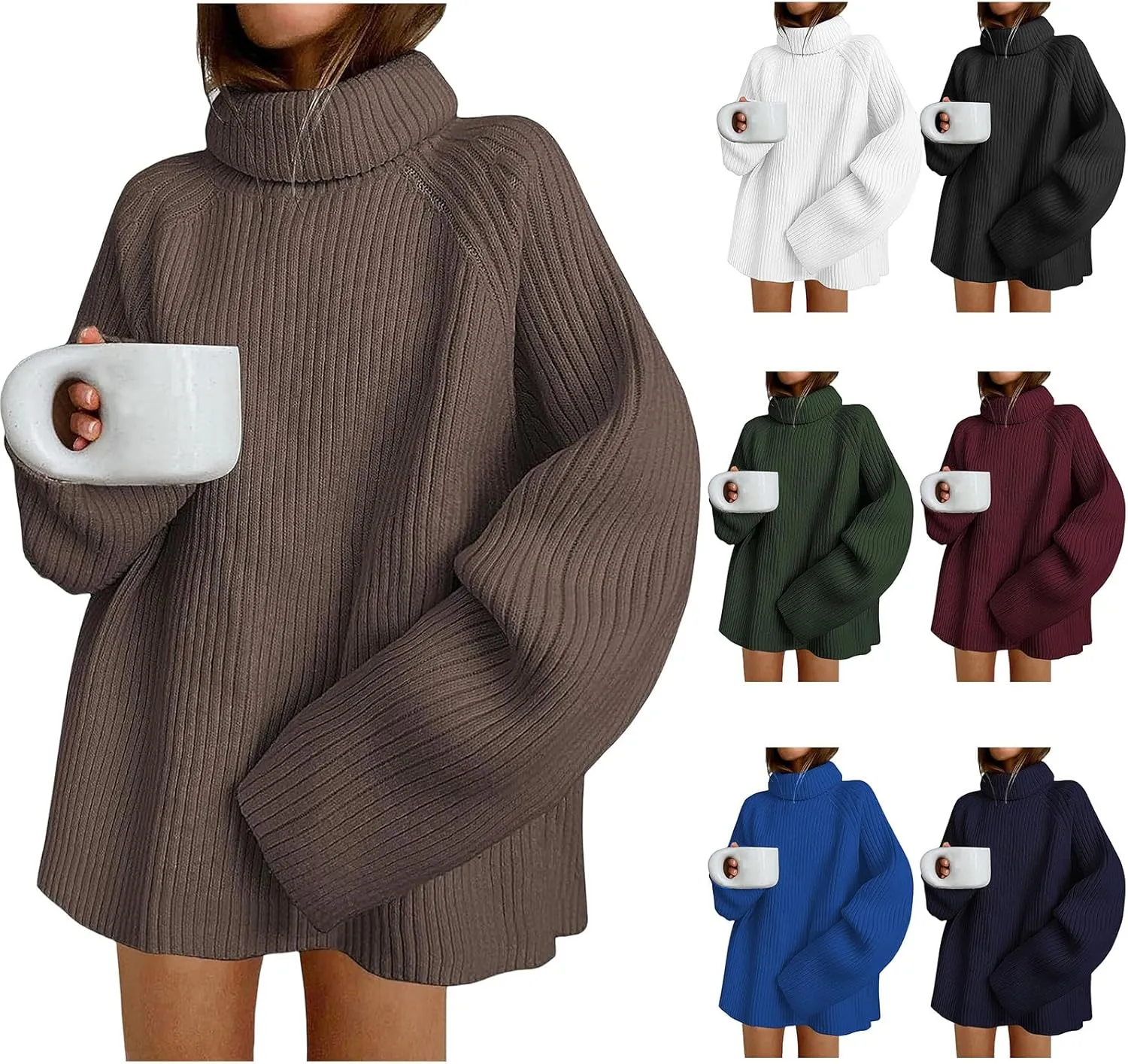 ZWRXW Oversized Turtleneck Chunky Sweaters for Women Ribbed Knit Tunic Long Pullover Sweater Trendy Winter Jumper Tops
